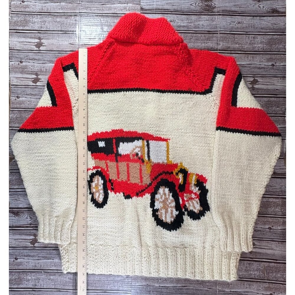 Cowichan Handmade Knit Shawl Collar Zipup Sweater Sz XL Ford Model T Car Vintage - Picture 3 of 5
